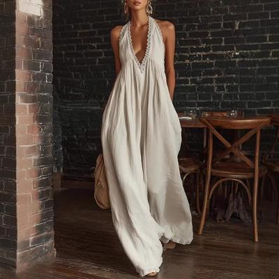 Women Casual Elegant Lace Trim Loose Wide Leg Linen Jumpsuit