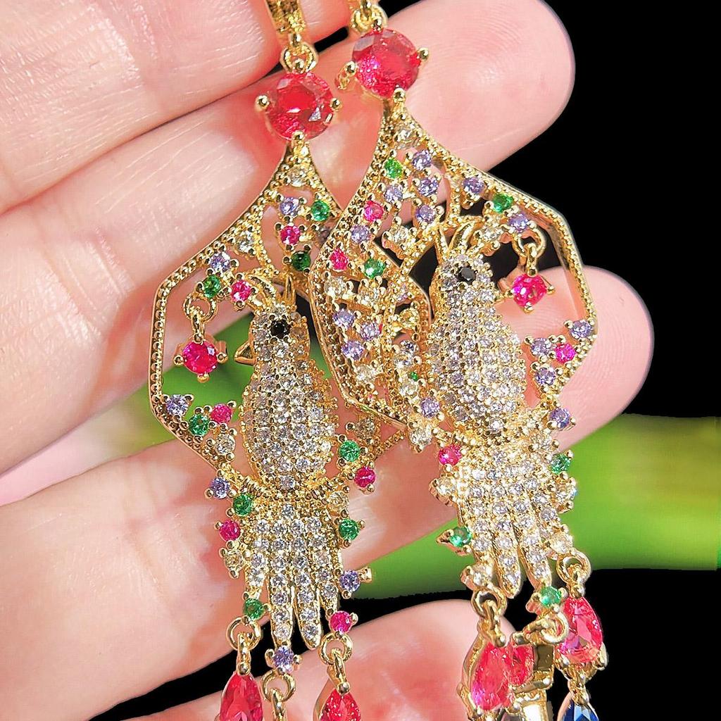 CMM Vintage Creolen mit mehrfarbigem Tier-Phoenix-Anhänger, kubischer Zirkon, lange Quaste, Party-Ohrringe für Frauen, böhmischer Schmuck