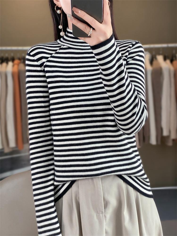 Knitted Sweater with Semi-high Collar, Versatile Long-sleeved Striped Inner Layer for Women, Loose-fitting Pullover Base Shirt