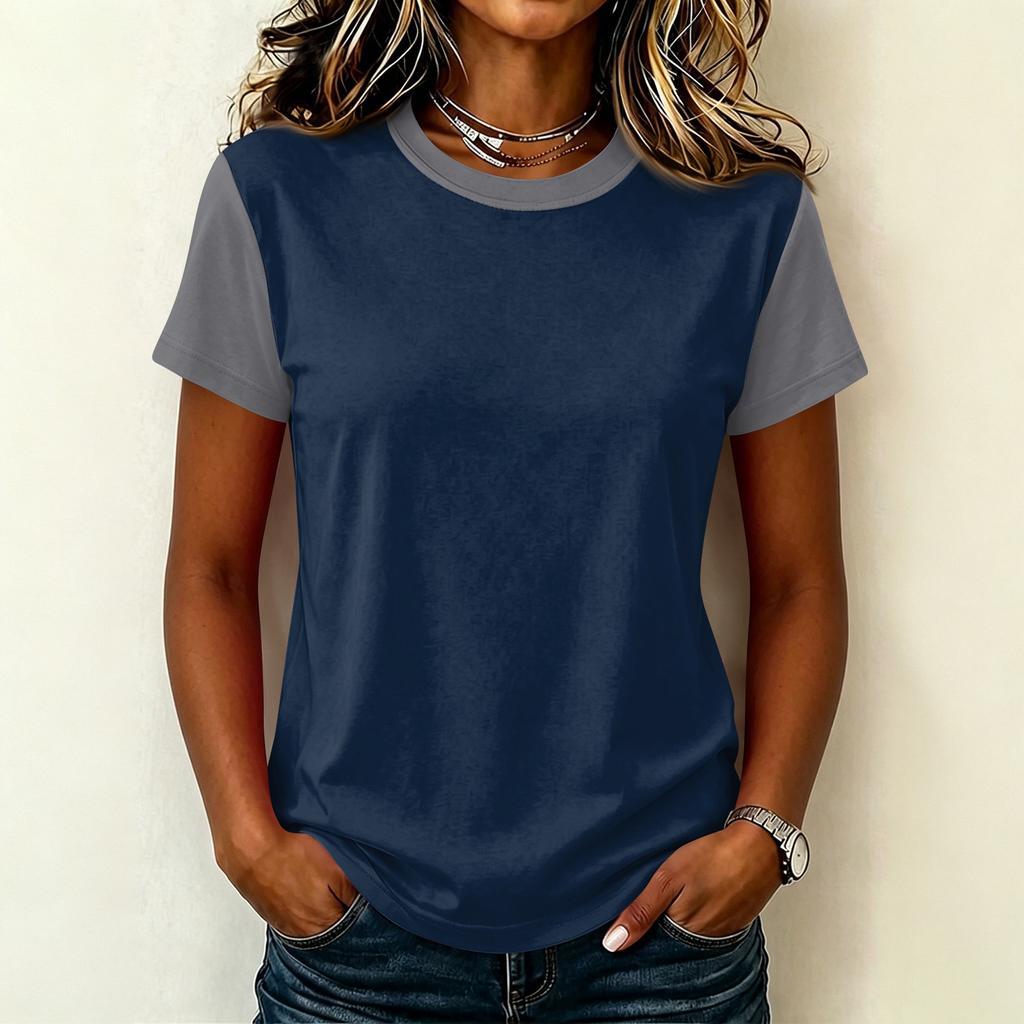 Women’s Casual Crew Neck Short Sleeve Pullover T Shirt Stitching Loose Fit Basic Top for Daily Wear