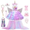 Rochie Unicorn cu Coadă Lungă pentru Copii cu Lumini LED Rochie de Zi de Naștere pentru Fete Costum de Carnaval Prințesă Bandă de Păr Rochie Curcubeu Pastel