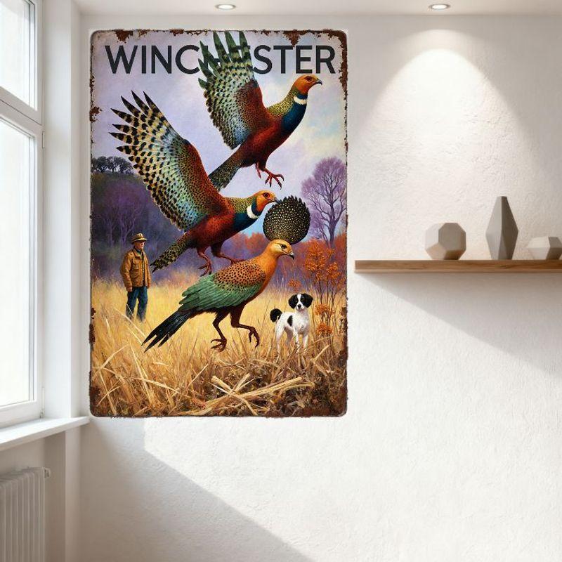 Vintage Winchester Metal Tin Sign, Rustic Pheasant Hunting Scene with Man & Dog, Retro Country Home Decor for Man Cave Cafe Bar