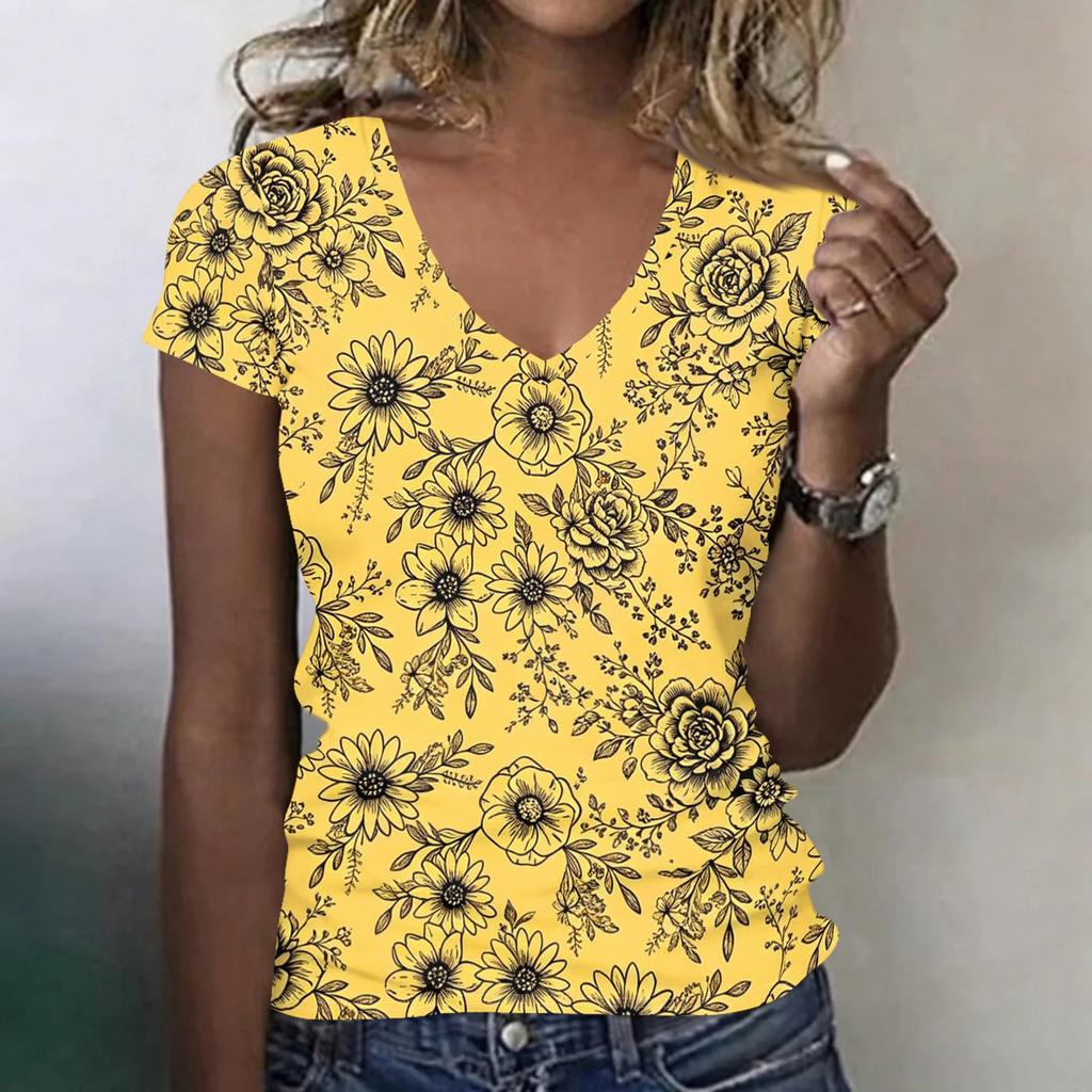 Women V Neck Short Sleeve Top with Floral and Bird Print Casual Loose Fit Lightweight Soft Fabric Comfortable Tee Shirt