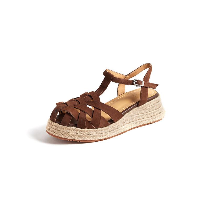 5Cm simple retro style woven hollow T-buckle with casual straw woven thick-soled wedge heel bag head sandals Roman shoes
