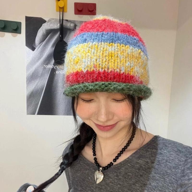 Traveling Bucket Hat Crochet Striped Plush Fisherman Hat for Y2K Girls Shopping