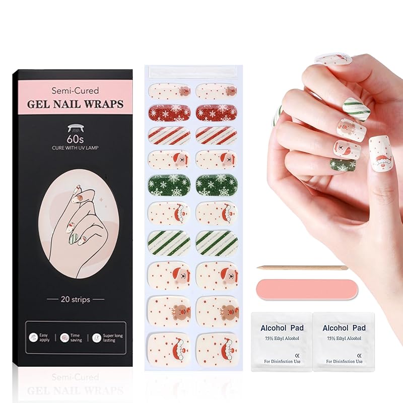WOKOTO 20 типсов полузатвердевших гелевых полосок для ногтей для празднования Рождества с 2 обезжиривающими салфетками, пилкой для ногтей и деревянной палочкой Рождественский Дед Мороз Снежинки Ноготь KIT1 Christmas 1
