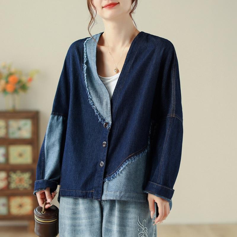 Damen Herbst und Winter Große Größe Lose Jeansjacke Kurzer Abschnitt Splicing Jeansjacke