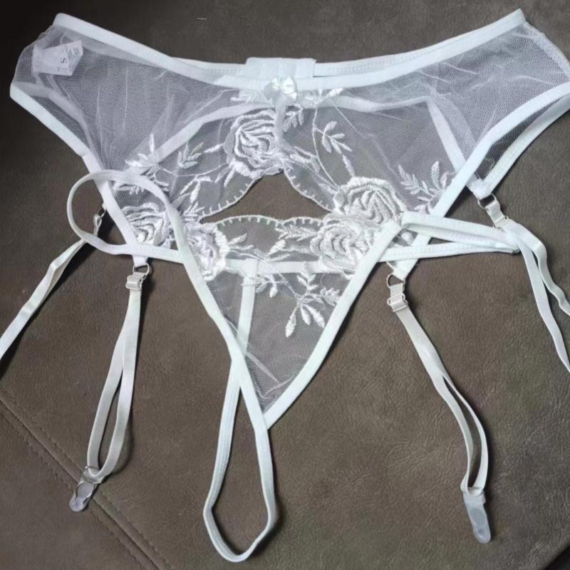 Plus Size Back Hasp Embroidery Floral Garter Suspender Belt With G Strings For Stockings Women Sexy Mesh Transparent Lingerie