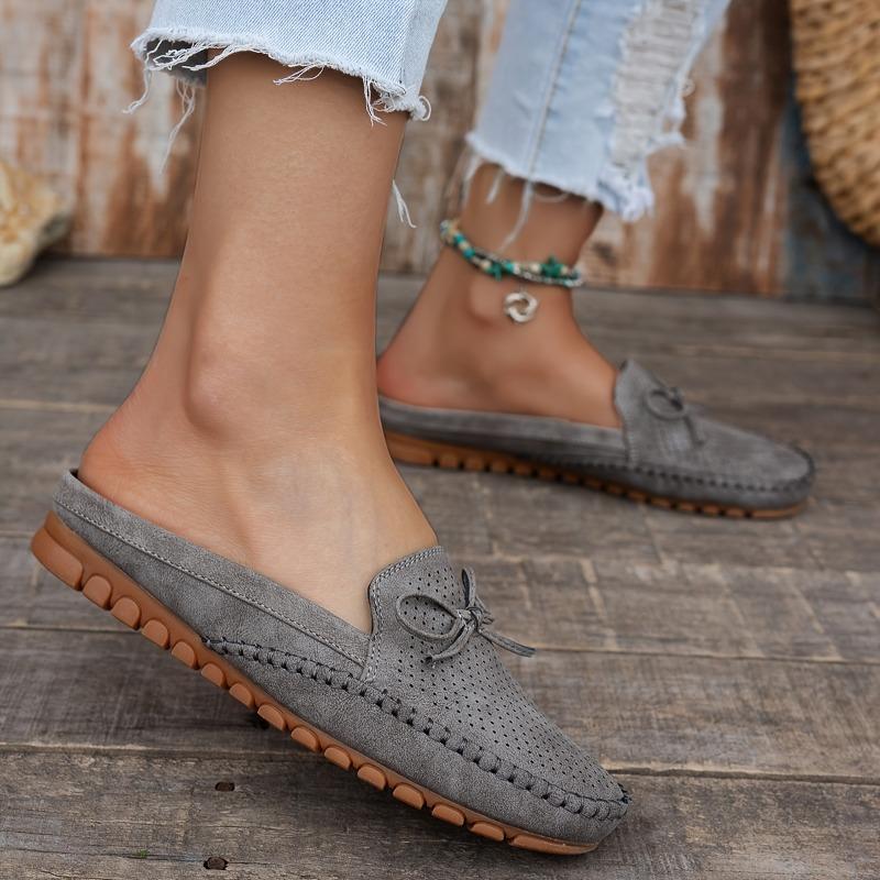 Women's Retro Bow Flat Mules - Soft, Comfortable, Breathable Slip-On Sandals in Pink Perforated PU Cover with TPR Sole and Fabric Lining