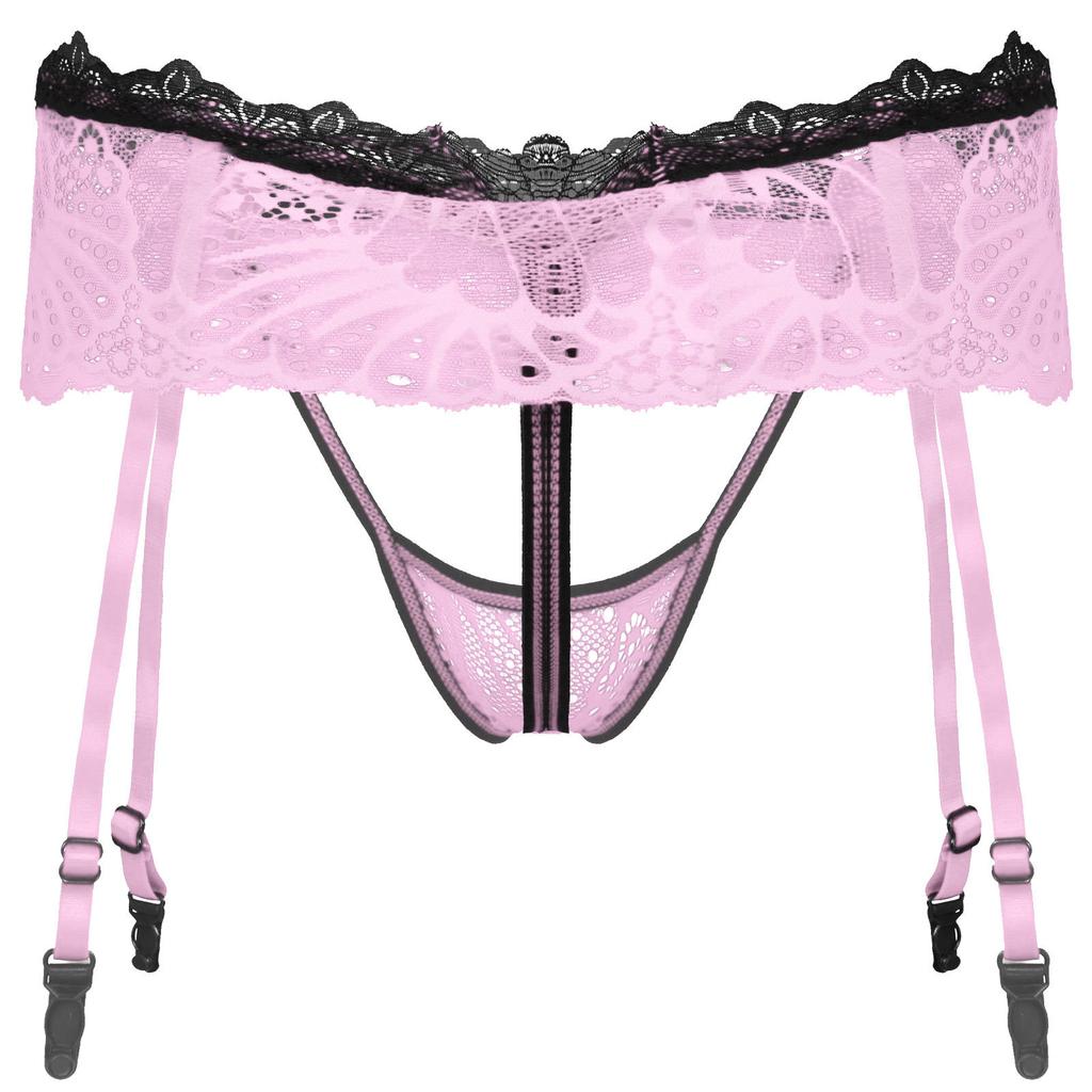 Tanga cu fustă din dantelă pentru bărbați, portjartier reglabil, design decupat, bandă elastică în talie, lenjerie sissy T-back fără întrepicior