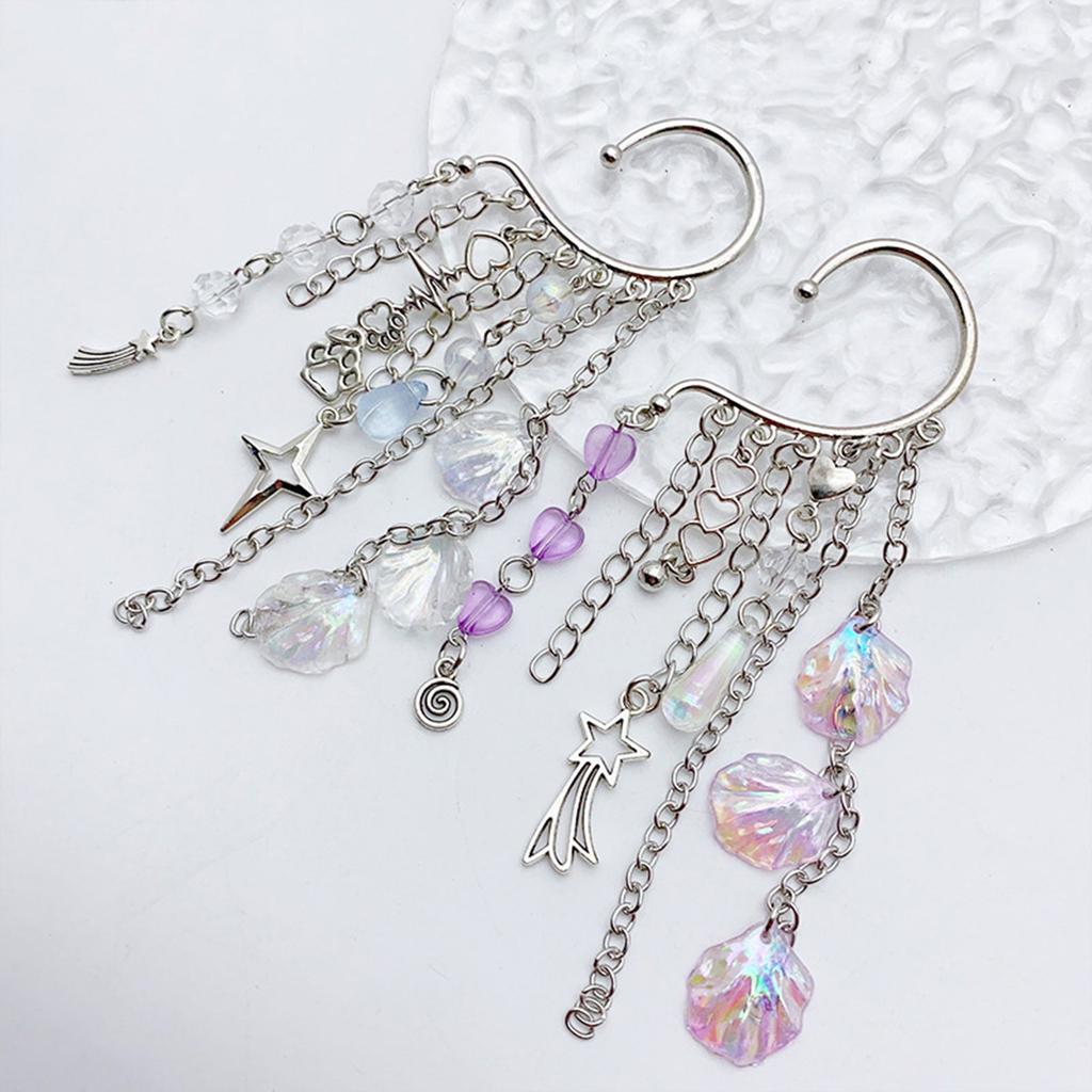 Fashionable Metal Ear Cuff with Chain Unique Ocean Shell Pendant Ear Dangle Stylish Beaded Fringes Ear Cuff Accessory
