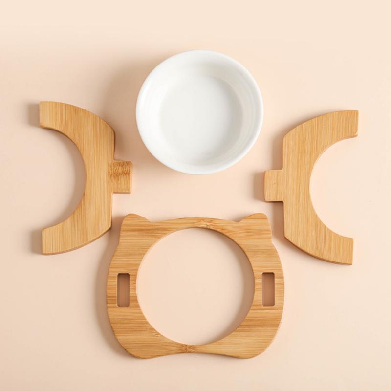 Wooden Ceramic Pet Bowl Cat and Dog Supplies Single Double Bowl with Oblique Mouth High Foot Leak Proof Pet Food Bowl and Feeder