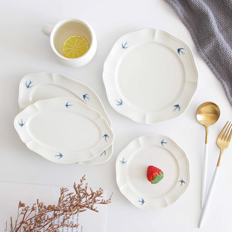 Creative Japanese Cartoon Retro Swallow Relief Plate Household Dessert Plate Flat Plate Deep Plate Ceramic Breakfast Plate Dessert Plate