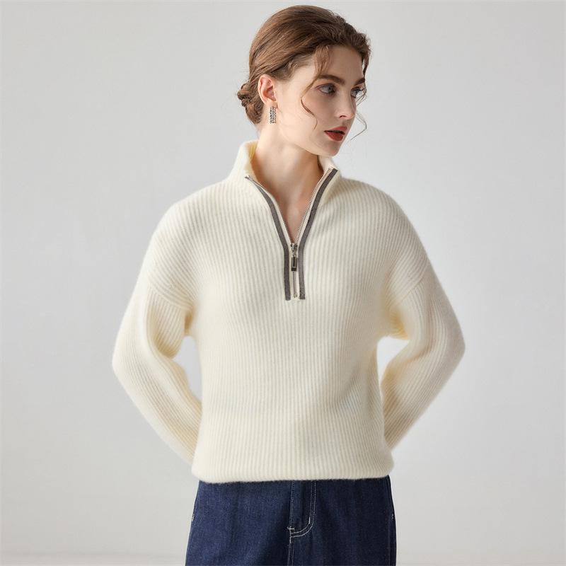 Women's Cashmere Half-Zip Lapel Sweater, Loose Fit, Thickened Pullover, Autumn/Winter 2026 Collection