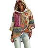 Women's Three-Quarter Sleeve Hooded Pullover Top with Patchwork Print for Casual Wear