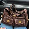 Geantă de umăr Retro Chic Nouă Femei Piele Ecologică Catifea Mată Geantă Tote Cu Buzunare Multiple Curea Lată Chic Practică pentru Navetă Geantă de sub Braț