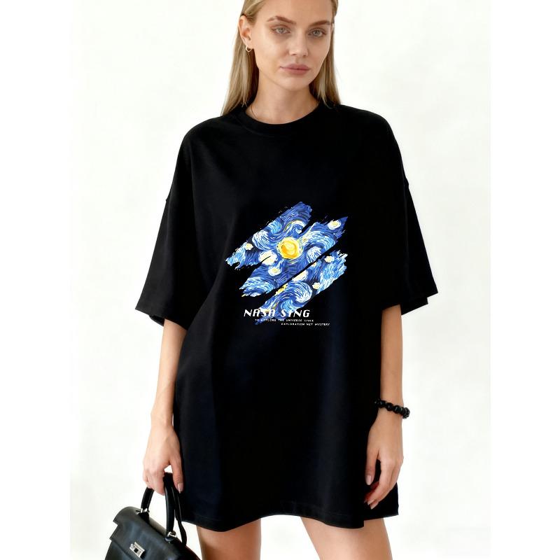 

Oversized T Shirt Black Van Gogh Starry Night Inspired Print With Nasa Sing Text Casual Streetwear For Women XXXXL чорний