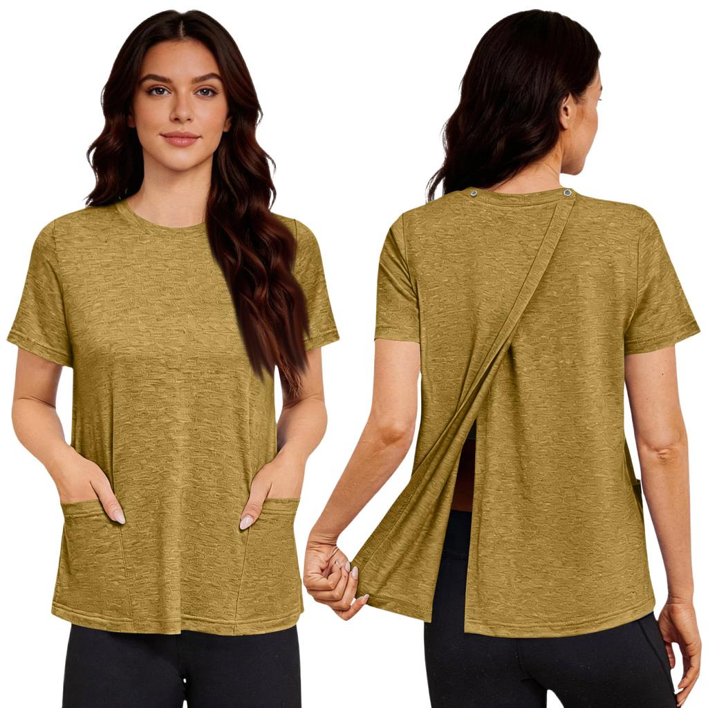 Chemise de couleur à manches courtes post-opératoire pour femme avec fermeture au dos et poche