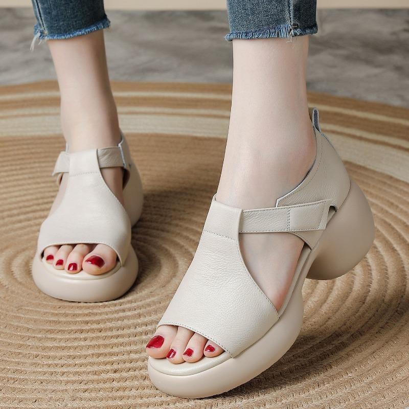Pure Cowhide Summer New Thick-soled Casual Versatile Leather High-heeled Sandals Fish Mouth Velcro Mother Shoes