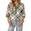 Women's fashionable and casual summer V-neck patchwork three-quarter sleeve plaid print top