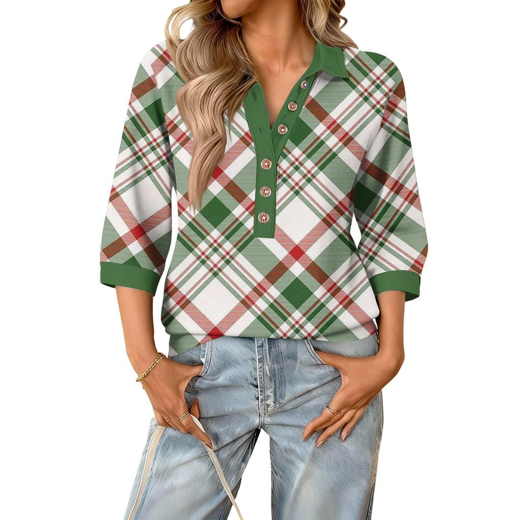 Women's fashionable and casual summer V-neck patchwork three-quarter sleeve plaid print top