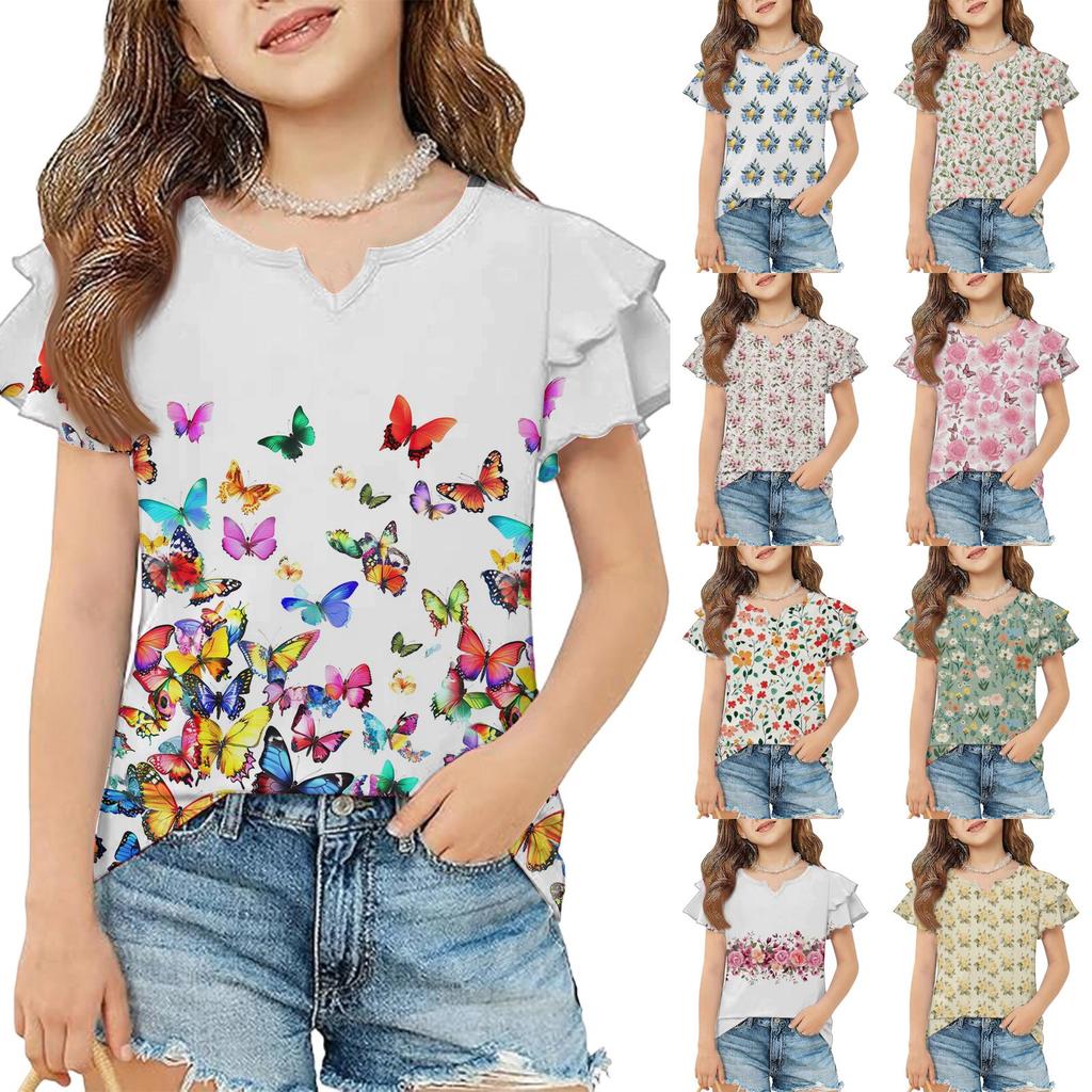 Girls V Neck Ruffle Sleeve Floral Print Short Sleeve T Shirt Casual Blouse Lightweight Summer Top for Kids