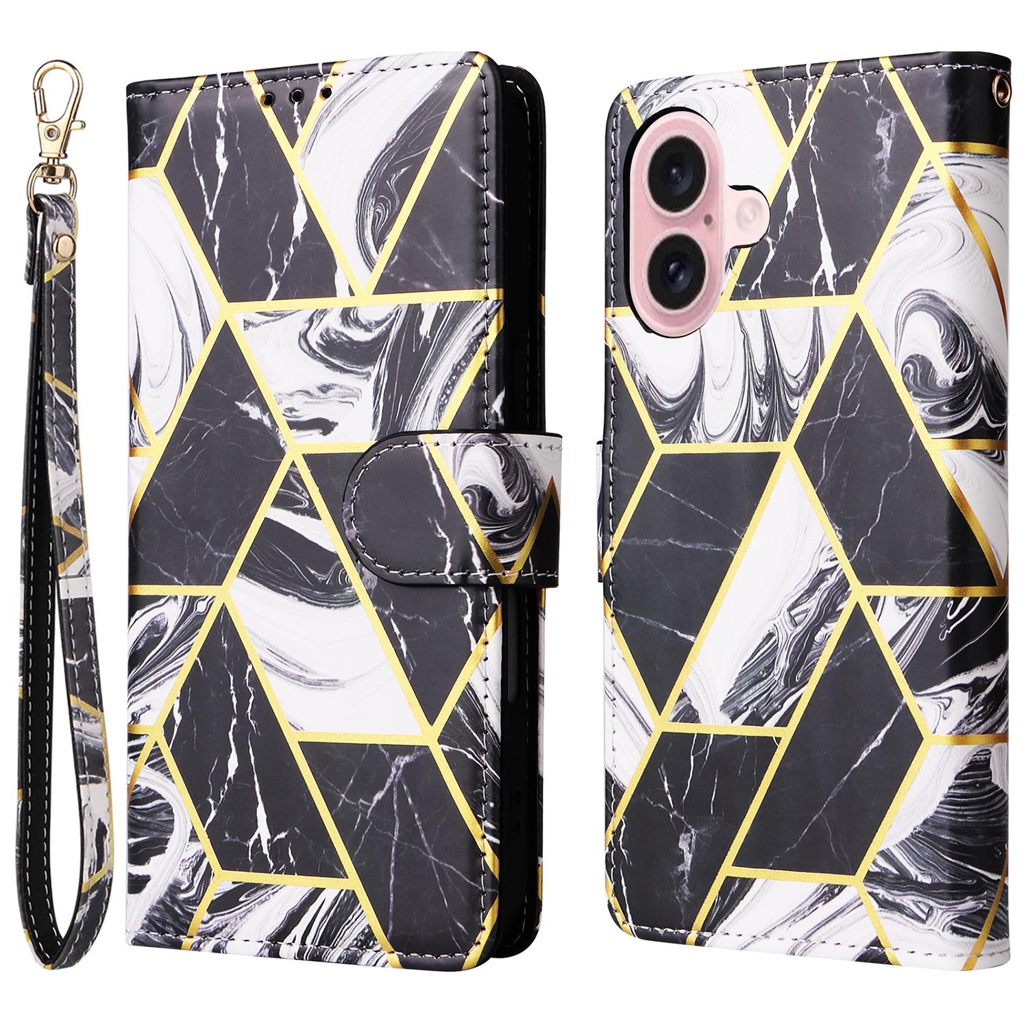 

For iPhone 16 Case Marble Pattern Print Leather Wallet Phone Cover