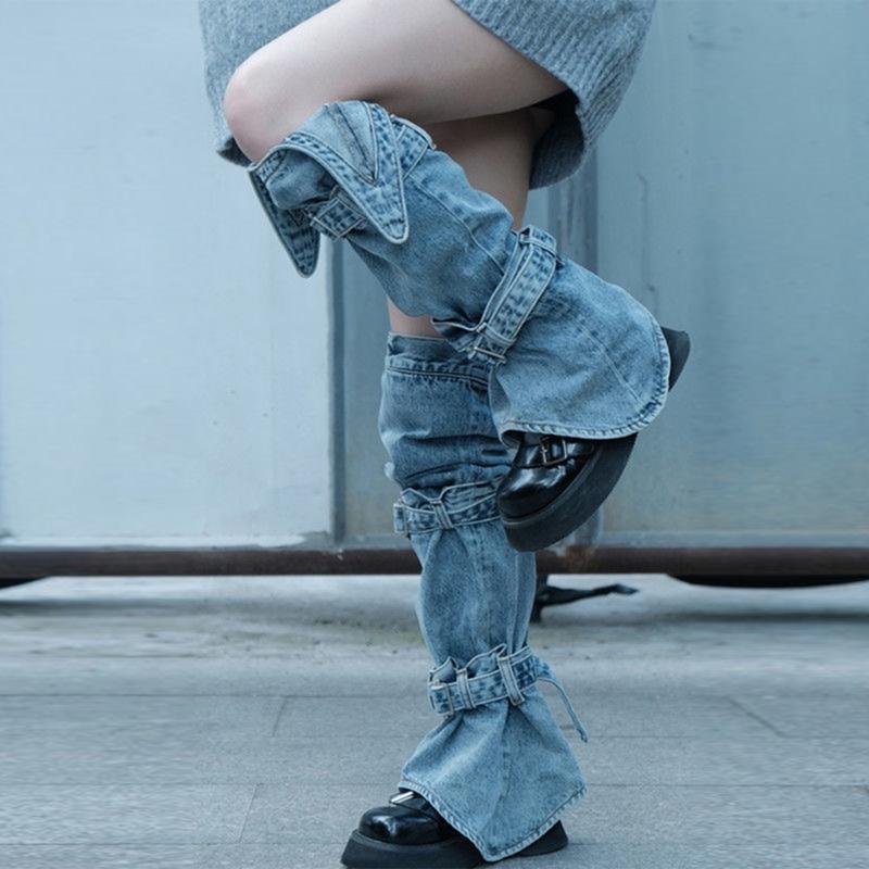 Womens Harajuku Punk Rock Denim Leg Warmer Socks Gothic Bandage Buckled Knee High Foot Cover Aesthetic Grunge Streetwear