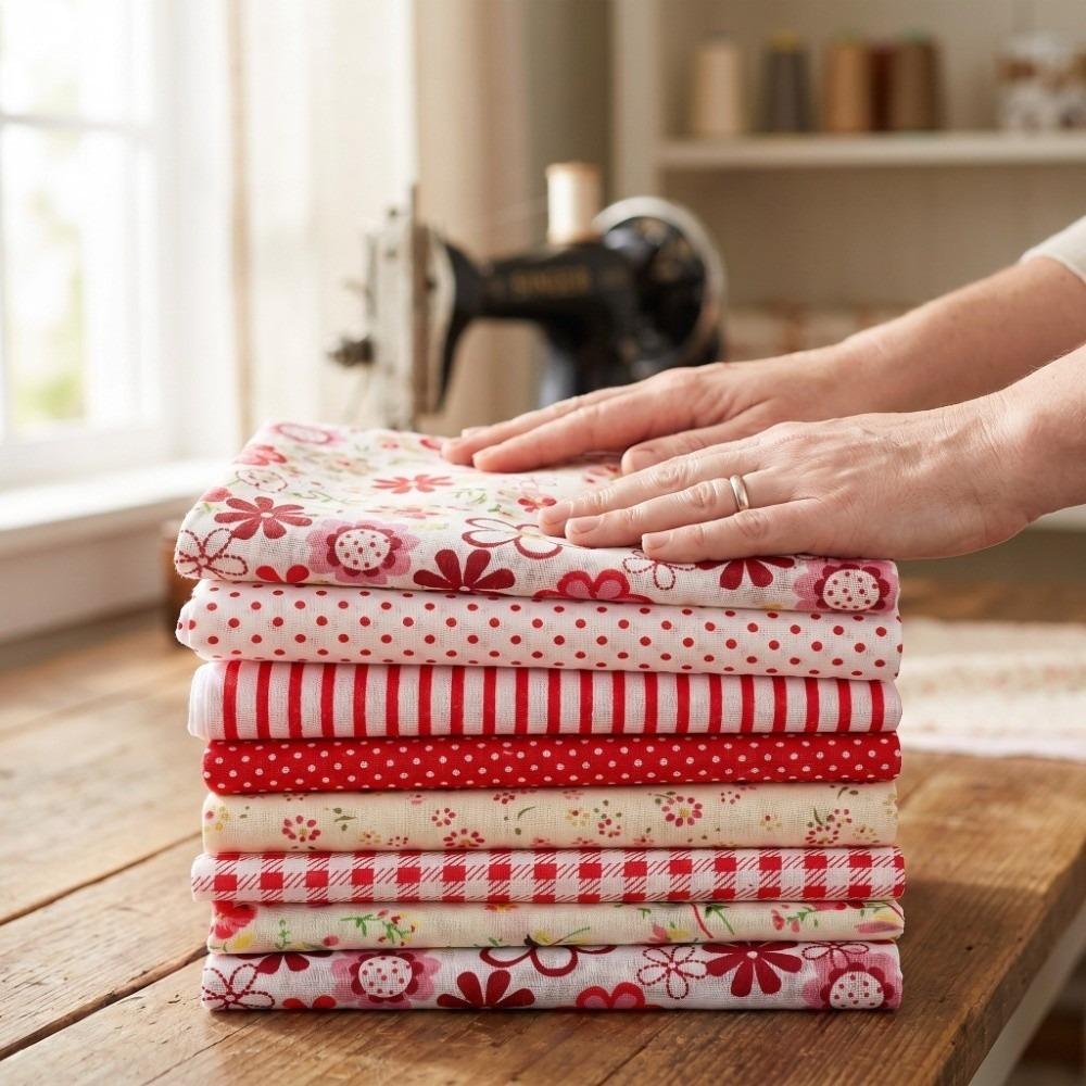 7Pcs Red floral pattern Patchwork Fabric 7 pieces per set Pre-cut Cloth Fabric art production
