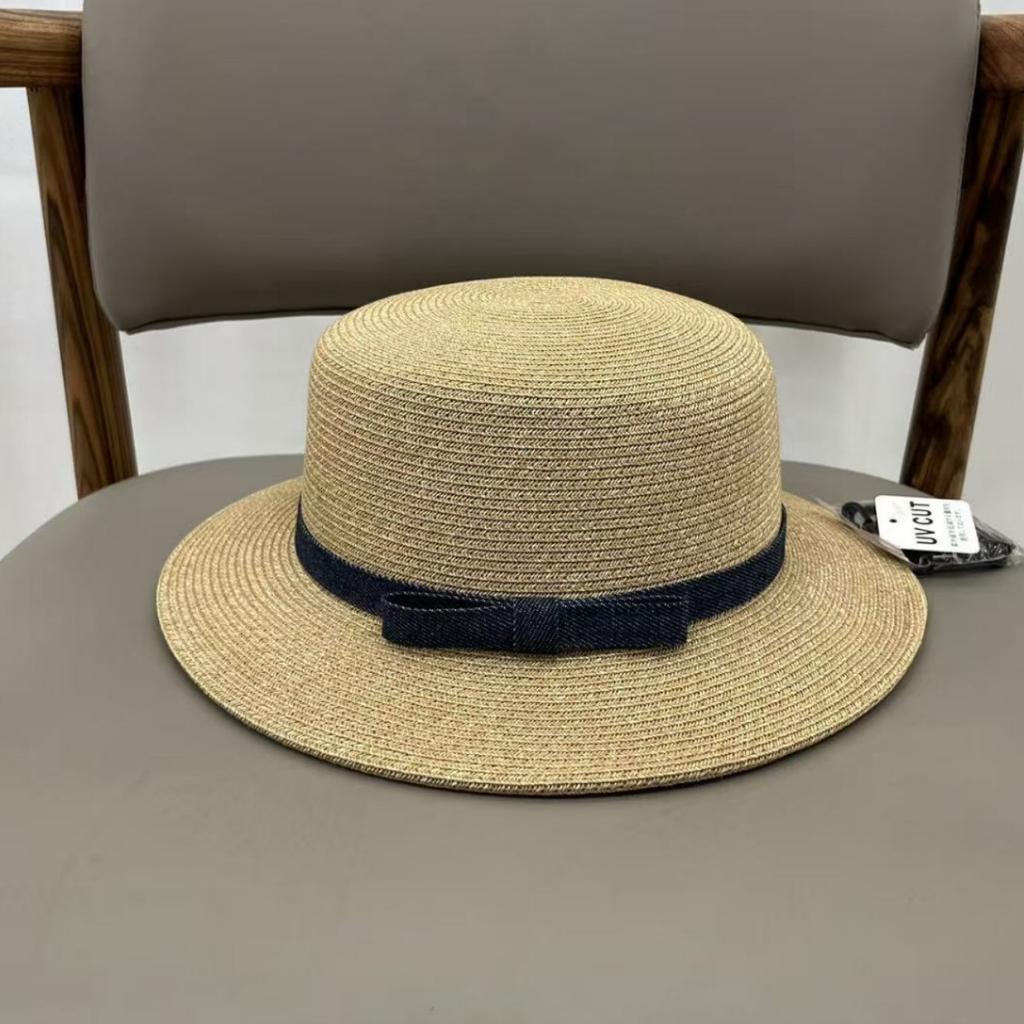 High quality French Hepburn style flat top hat women's summer sunscreen sunshade straw hat travel vacation straw beach hat
