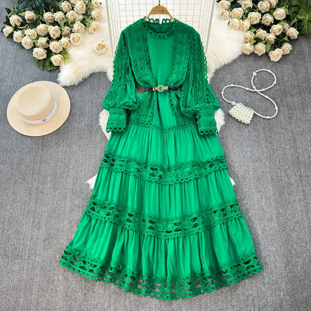 Court Style Elegant Dresses for Women Crochet Lace Hollow Out O-neck Lantern Sleeve Female Vestidos A-line Belted Dress Dropship