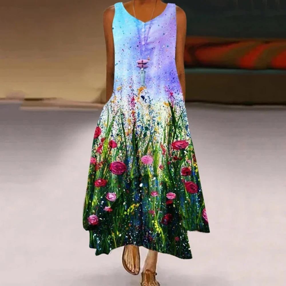 

New Women s Fashion Casual Printed Dandelion Sleeveless Dress Summer Casual Printed Long Dress XL