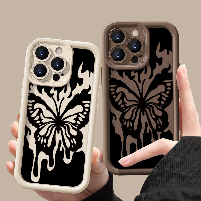

Модный мягкий силиконовый чехол с рисунком бабочки пламени для iPhone 16 Pro Max 15 Plus 14 13 Pro 12 11 XS XR, защита объектива, противоударный матовый чехол для телефона iPhone 16 чёрный