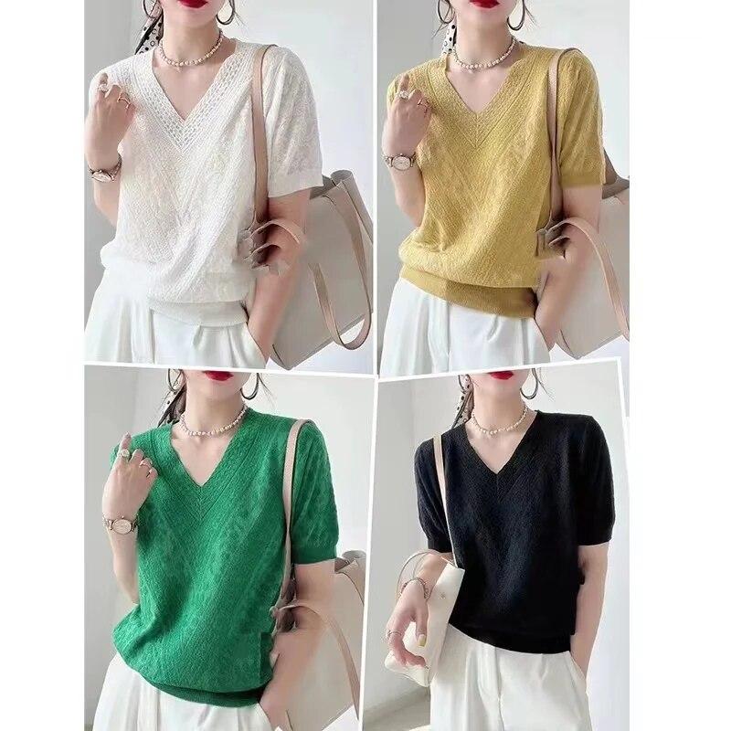 Elegant V-neck Short Sleeve Shirt Summer Ice Silk Lace Blouse Sweater Women Casual Hollow Out Tops Lady Loose T-shirt 26294