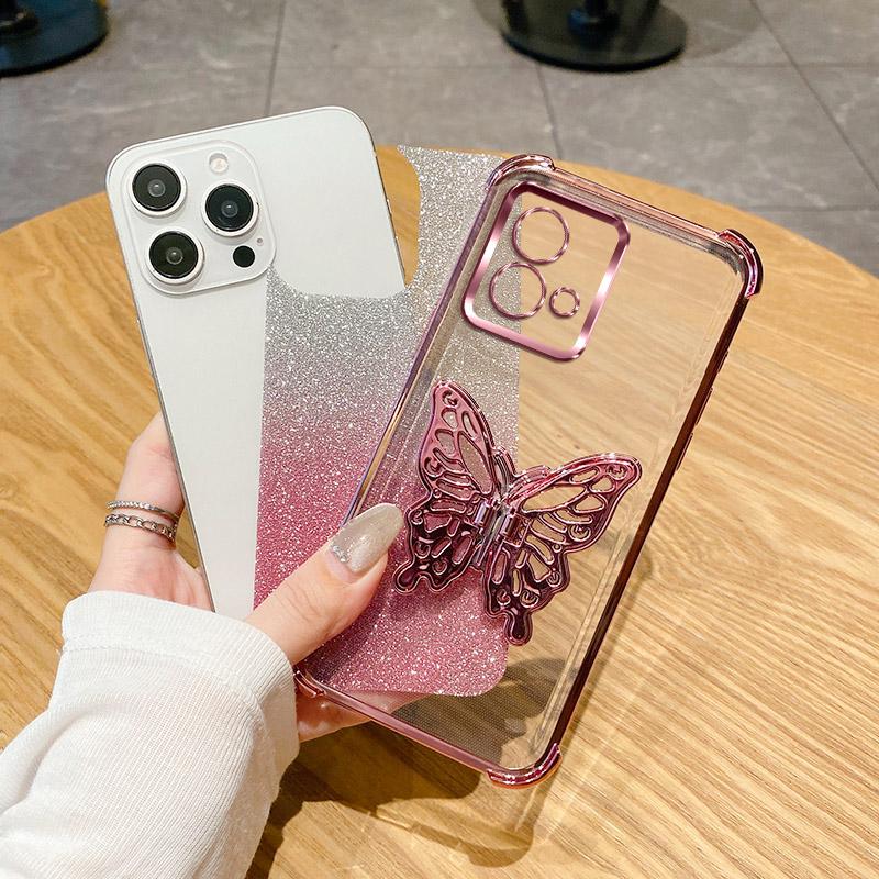 Luxury Plating Shockproof Butterfly Holder Phone Case For Motorola Moto G84 G54 G82 5G G52 G71S G10 G20 G30 Glitter Soft Cover