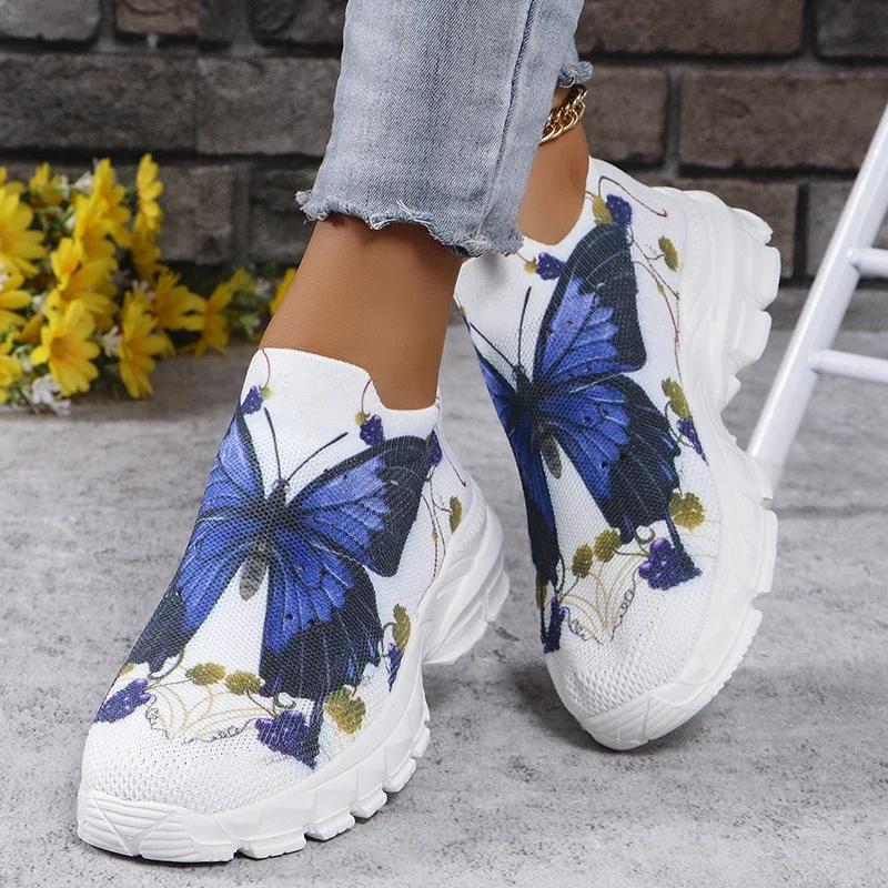 Fashion Fashion Butterfly Print Platform Sneakers for Women 2025 Autumn Non Slip Knitted Sports Shoes Woman Thick Sole Slip On Sneakers