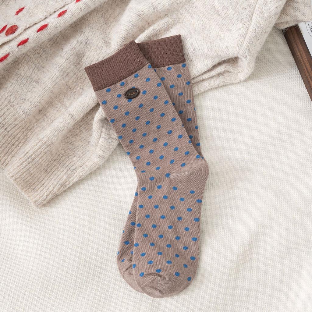 Vintage Polka Dot Stripe Button-Down Socks For Women Korean Maillard Coffee Color Contrasting Mid-Leg Socks Piled Up