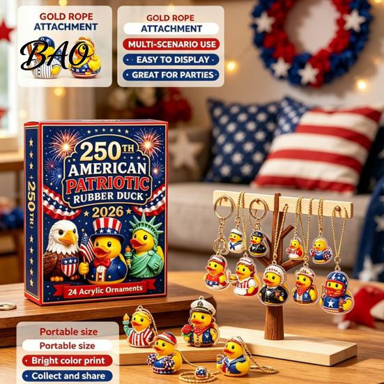 Acrylic Surprise Gift Boxes 2026 USA 250th Anniversary Rubber Duck Advent Calendar, 24-Day Patriotic Countdown Creative Holiday Kit Collection Box, 2D
