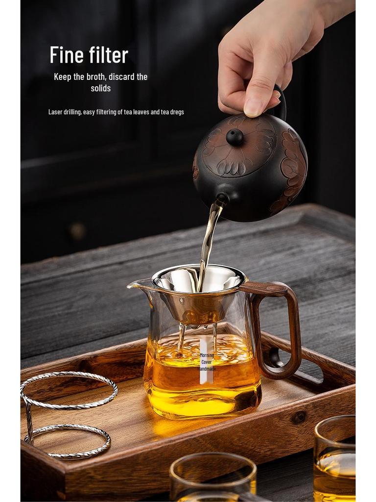 Wooden Handle Glass Gong Dao Bei: High-Temperature Resistant, Thickened Filter Tea Infuser Cup Set