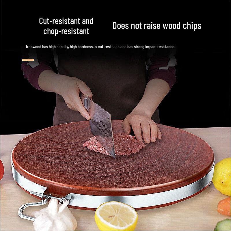 Massive Eisenholz-Rundschneidebrett mit Stahlring