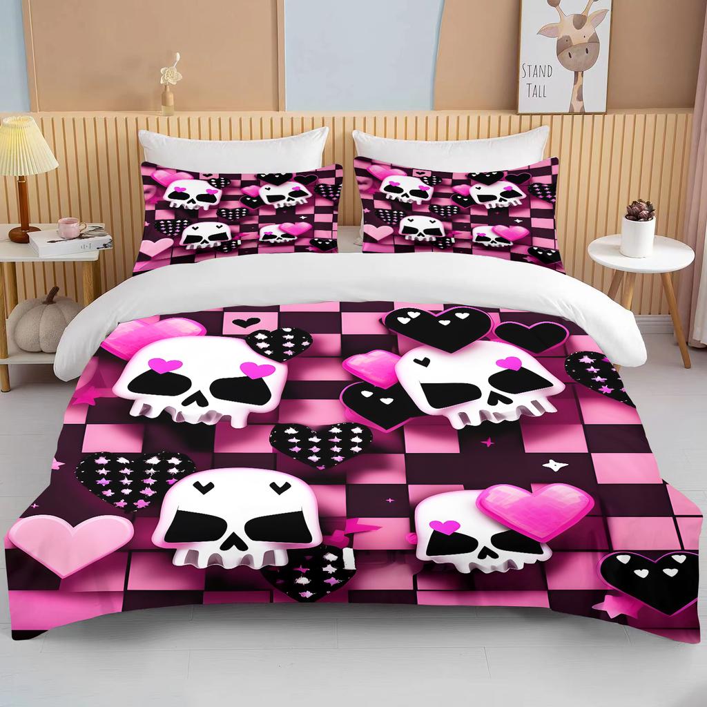 Pink Skull Print Bedding Set Duvet Cover 1 Duvet Cover 2 Pillowcases Adult and Children Bedding Set Luxury Grils Gift Full Size