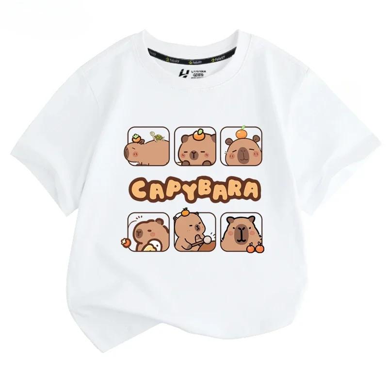 Capibala Cartoon Capybara King Cute Peripheral Short Sleeved T-shirt for Male and Female Students Short Sleeved