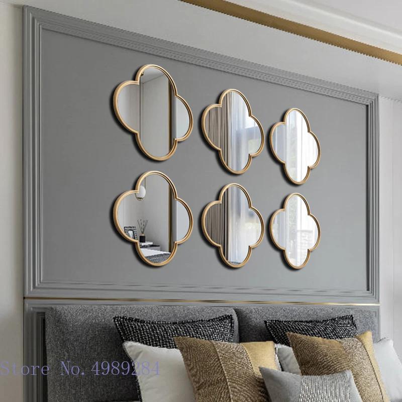 Glass Mirror Golden Border Geometric Plum Flower Pattern Background Wall Hanging Art Mirror Wall Decoration Home Decoration