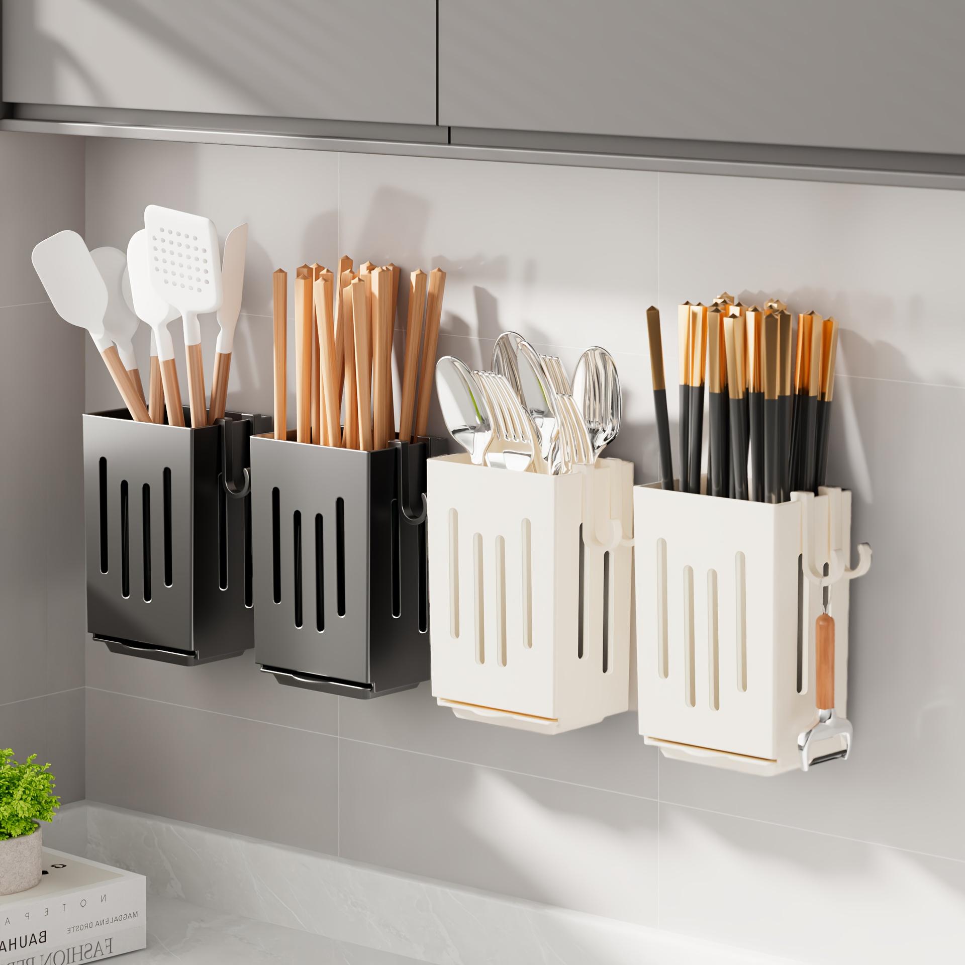 2-piece kitchen storage rack with draining tray - space-saving tableware rack, chopstick and spoon storage rack nero