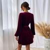 Women's V-neck Velvet Dress Autumn Winter Waist-cinching Slim-fit A-line Dress Long-sleeve Velvet Sexy Party Dress