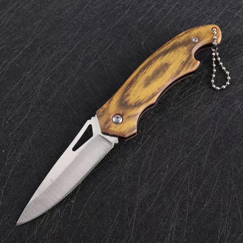 High Hardness Mini Folding Survival Outdoor Folding Knife Wood Grain Handle Keychain Multifunctional EDC Portable and Safe