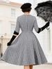 Spring 2026 European and American Women's Seven-Sleeve Black & White Plaid Lapel Dress