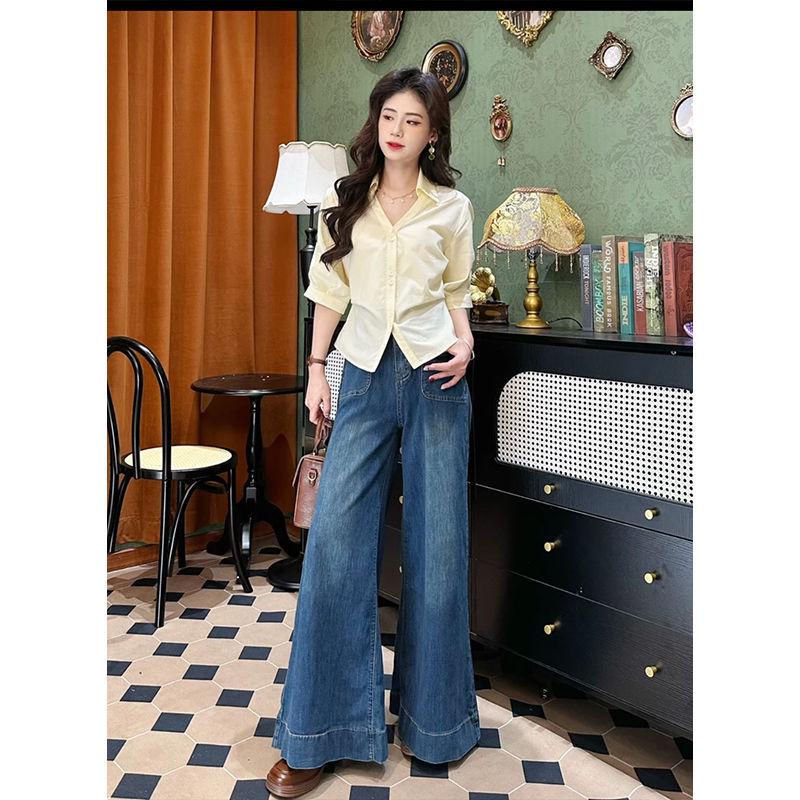 2024 Autumn Retro Blue Petite Wide-Leg High-Waisted Jeans for Women M