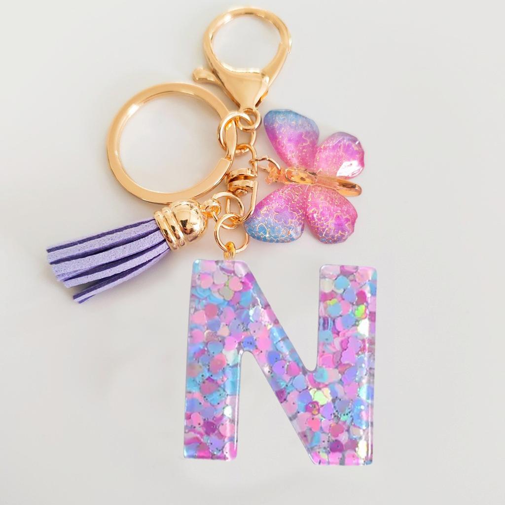 Fashion butterfly fringe initial keychain Drop glue Blend sequin A-Z26 letter keychain Cute Ladies Student Bag Accessory Gift