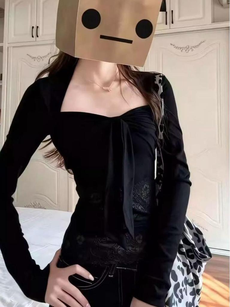 Pure Desire Spicy Lace Patchwork Long Sleeve T-shirt - Women's Autumn/Winter Niche Design Exquisite Top